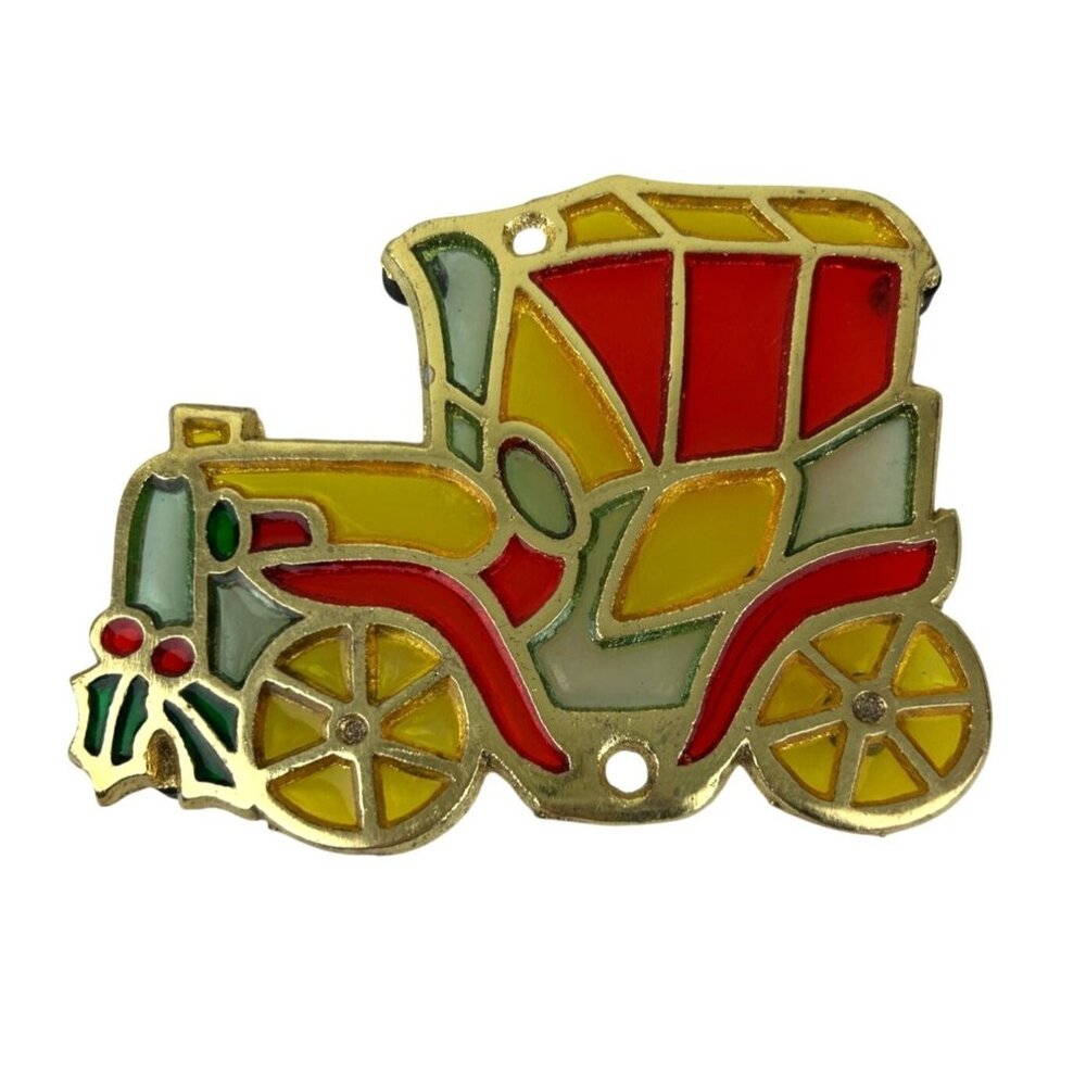 Stained Glass Christmas Train Vintage Taiwan Red Green Gold Art Holiday Decor